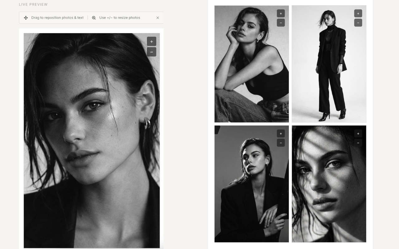 Live preview with drag-to-reposition and photo resize controls in The Looksheet
