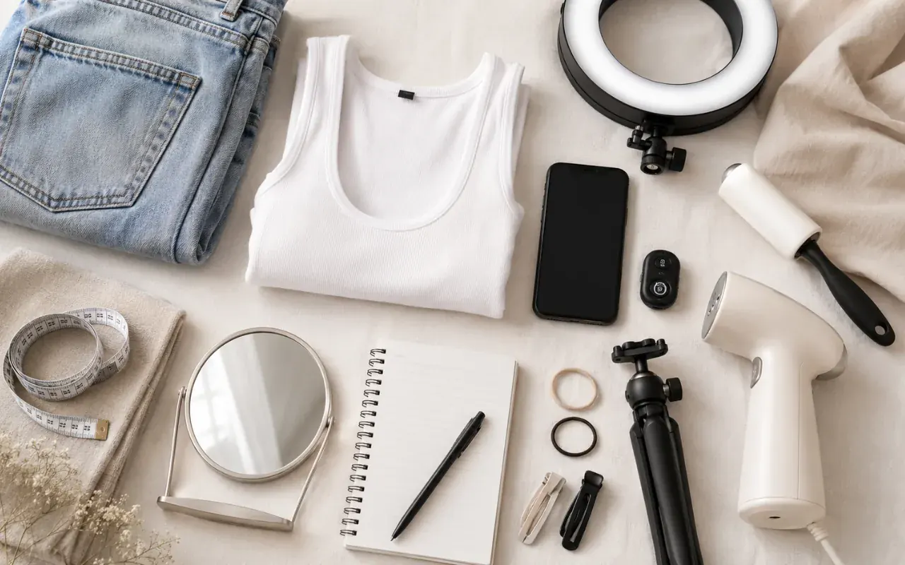 Flat-lay of at-home photoshoot essentials including tripod, ring light, backdrop and remote shutter
