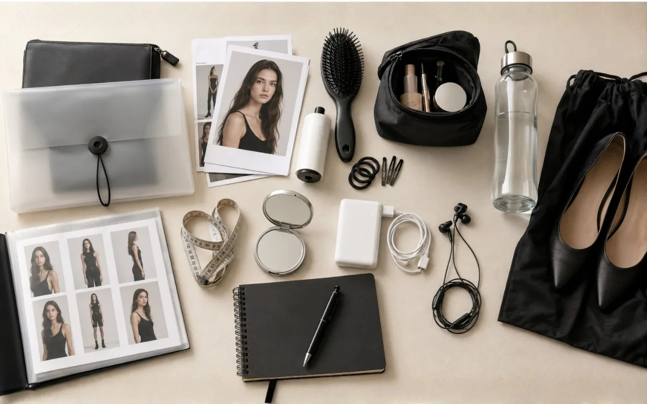 Flat-lay of model casting bag essentials laid out on a desk including comp card, pouch and travel items