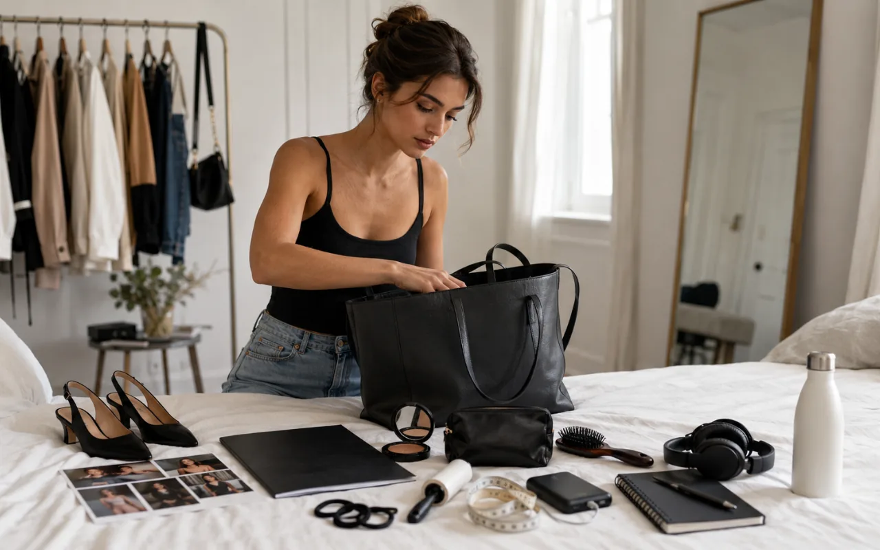 Young model preparing a casting bag at home before an open call