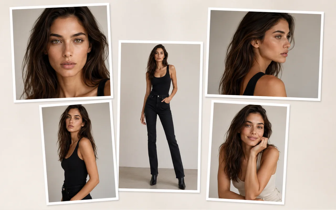 Collage of good model comp card photo examples including portrait, full-length and three-quarter shots