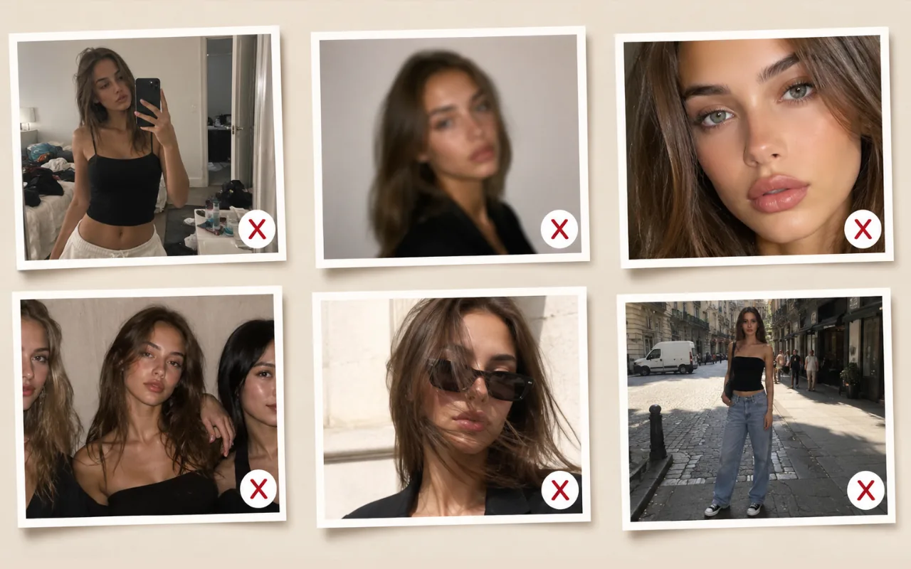 Collage of model comp card photos to avoid such as mirror selfies, heavy filters and busy backgrounds